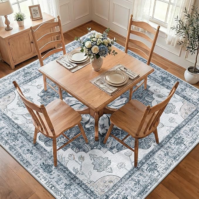 RELEANY Area Rugs Square 7ft Washable Non-Slip, Floral Vintage Distress Print by RELEANY