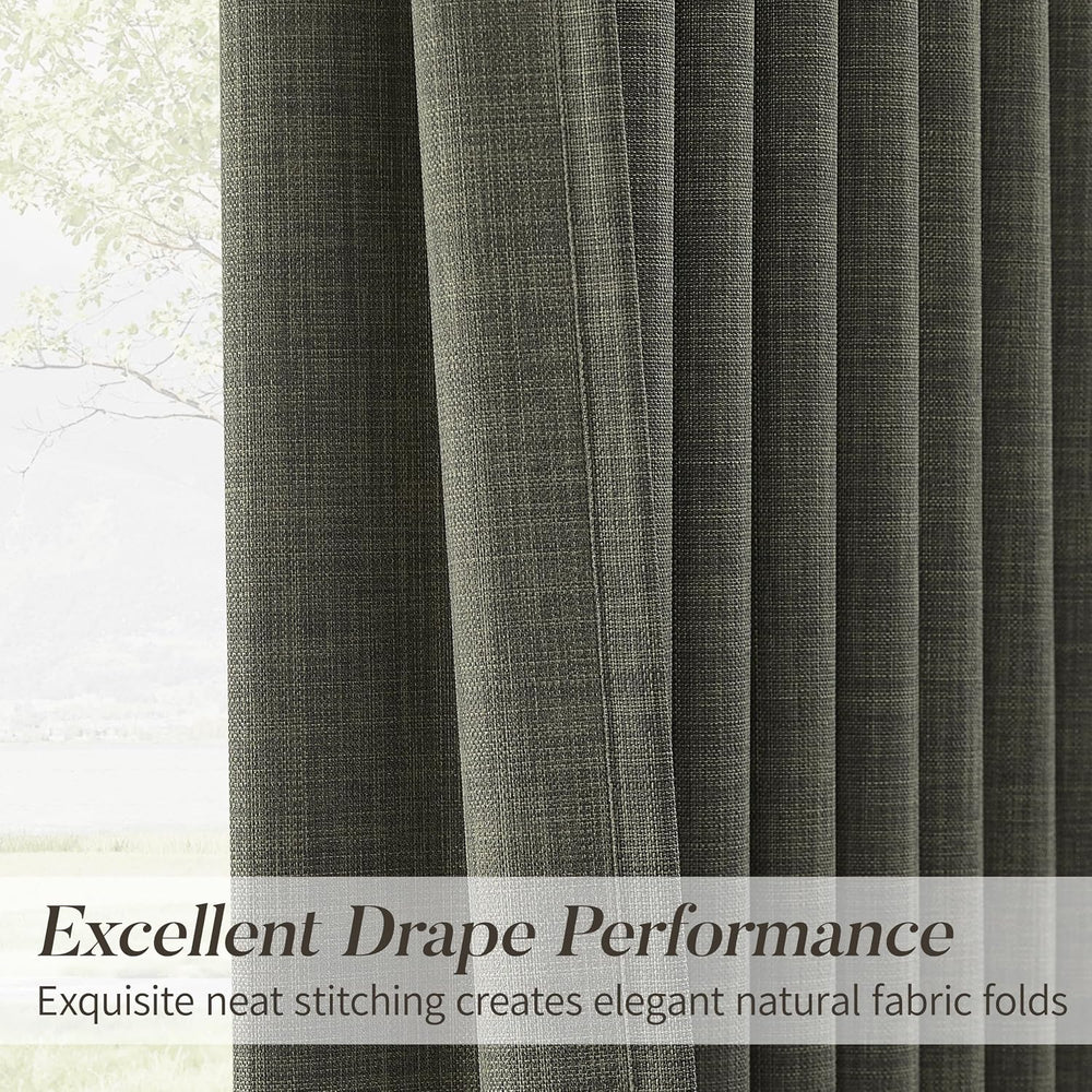 Pinch Pleated Linen Curtains 96 Inches Extra Long Olive Green Drapes, Thick L...