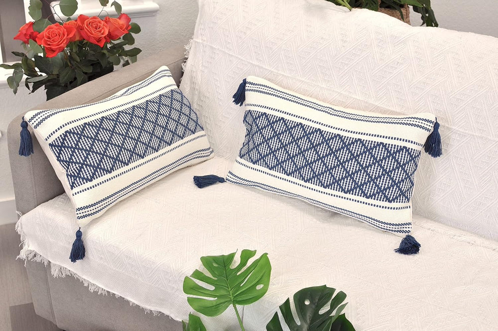 Decorative Boho Lumbar Pillow Covers with Tassels Navy Blue Off White, 12x20 ...