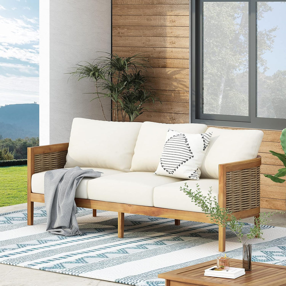 Burchett Outdoor 3 Seater Sofa with Cushions - Acacia Wood and Round Wicker -...
