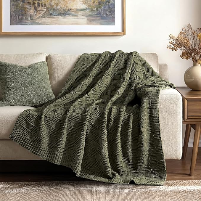 EVERGRACEHOME Modern Checkered Chenille Throw Blanket, Soft Cozy Plaid Knitted by EVERGRACEHOME