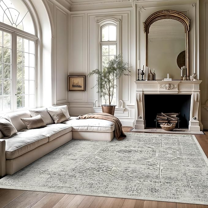 Soalmost 6x9 Area Rug for Living Room Floral Washable Non-Slip Gray Rugs for - Image 2