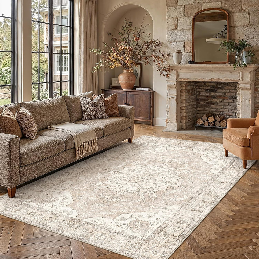 PureCozy Beige 8x10 Area Rug Washable Vintage Distressed Medallion