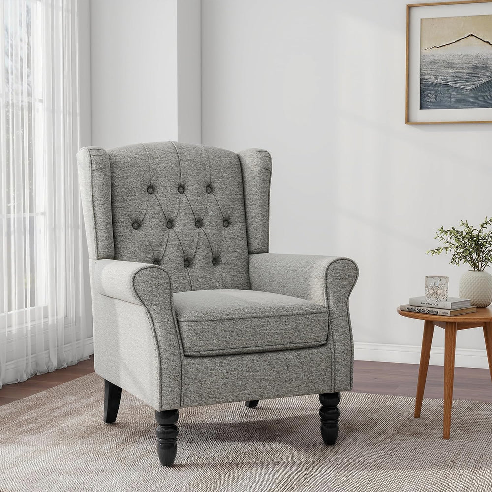 Chenille Wingback Accent Chair, Tufted High Back Armchair, Light Grey