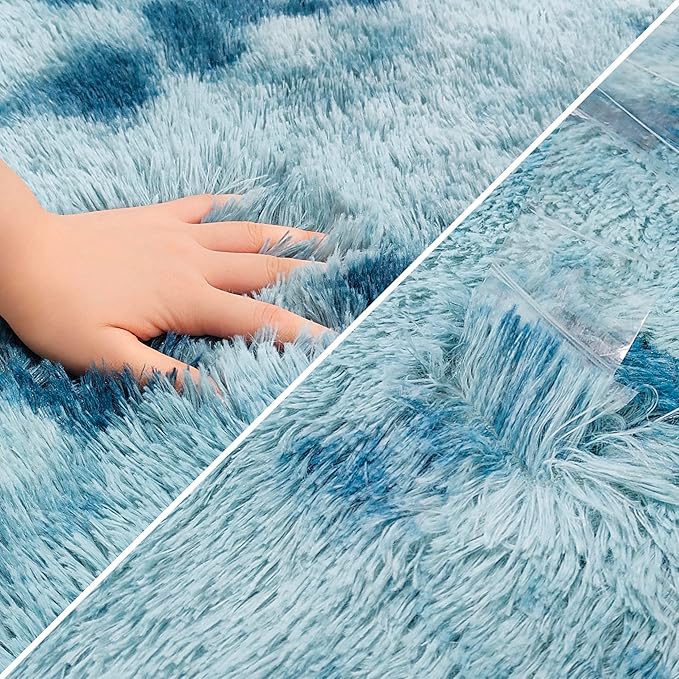 Super Soft Fluffy Living Room Area Rug 3x10 ft Tie-Dyed Light Blue Shaggy Furry - Image 6