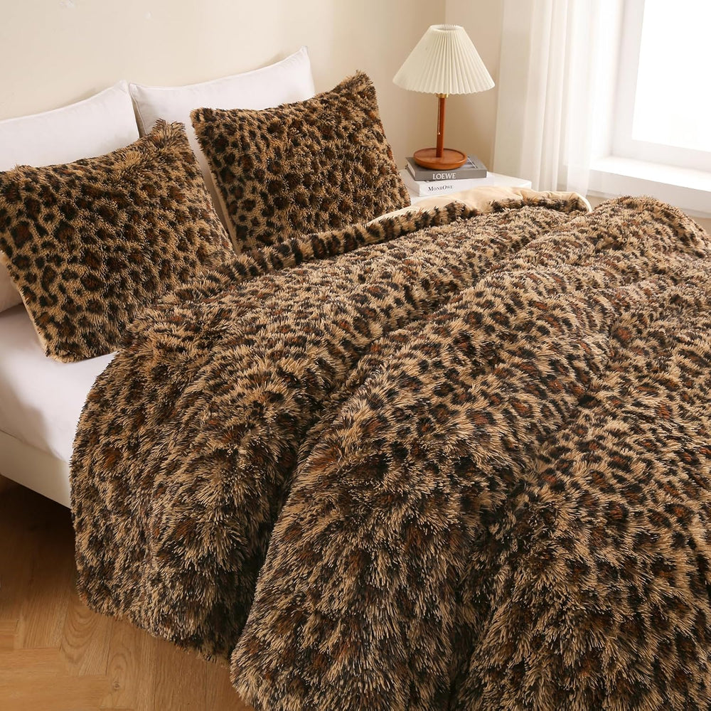 Cheetah Print Fluffy Faux Fur Comforter Set Full Size, 3 Pieces, Brown