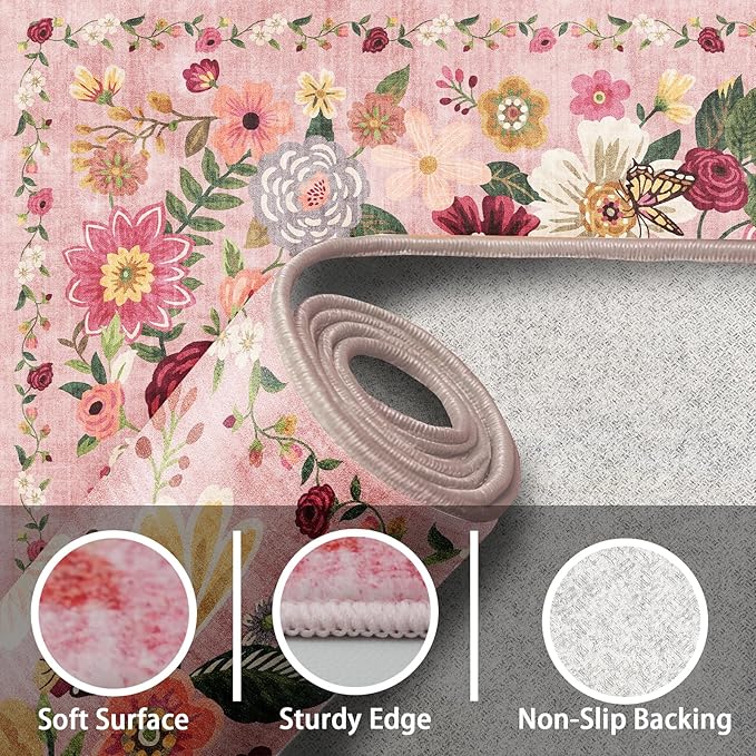 Pink Floral Hallway Runner Carpet Non-Slip, 2x10 Washable Rug Ultra-Thin Soft - Image 3