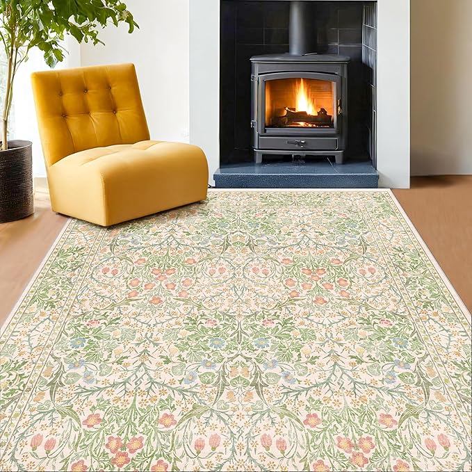 Hazo Haus Light Beige Green Living Room Rug, 6x8 Washable Area Rug by HazoHaus