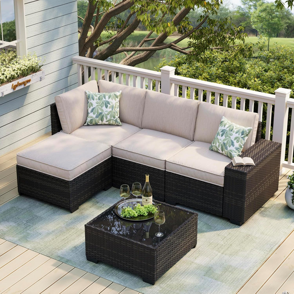 5 Pieces Patio Furniture Set, Outdoor Sofa with Waterproof Cushions&Ottom...
