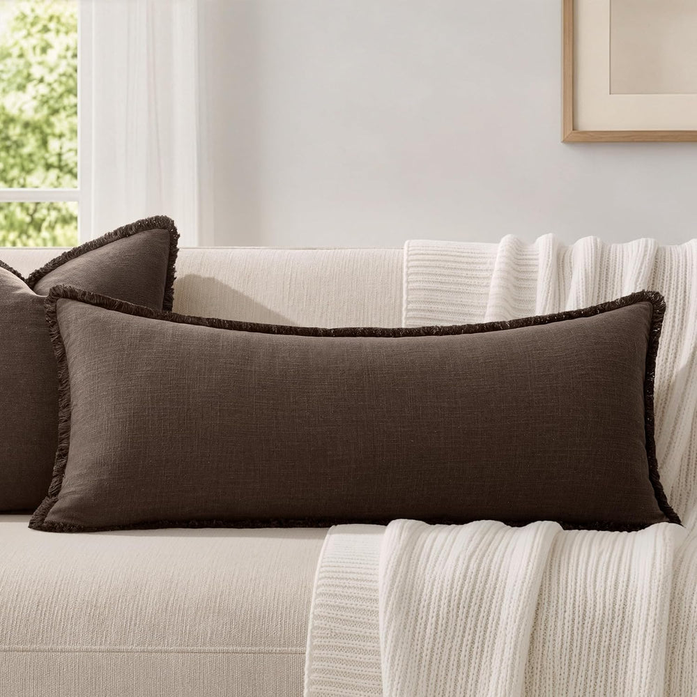 MIULEE 14x36 Long Linen Fringe Lumbar Pillow Covers Set of 1 Reddish Brown