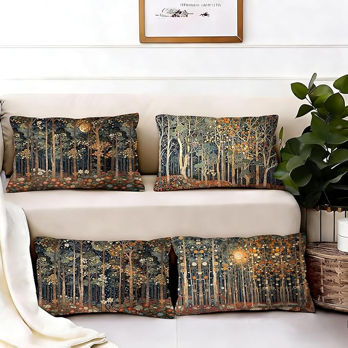 Rustic William Morris Inspired Forest Moon Pillow Covers 12x20 Set of 4 - Image 4