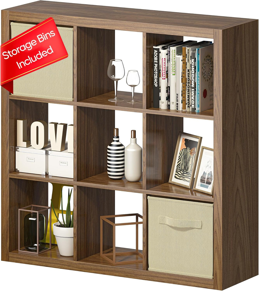 Bookshelf with Storage Bins, 9-Cube Storage Organizer Sturdy Wooden Bookcase ...