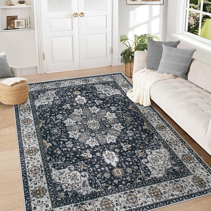 Area Rug 5x7 Washable Rug, Vintage Boho Medallion Rugs Non-Slip Soft Low Pile by VECARF