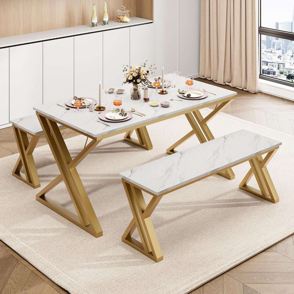 GarveeHome Kitchen Table with 2 Benches, Dining Table Set for 4 | Unique X-Sh...