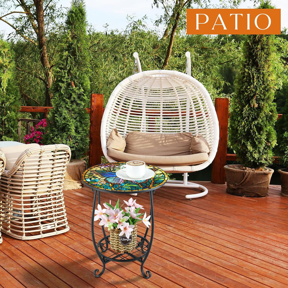 Cinnvoice Outdoor Side Table Round Small Mosaic Patio Accent Indoor End Plant...