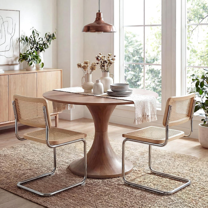 Rattan Cantilever Dining Chairs Set of 2, Boho Modern Dining Chairs with Rattan Back, Curved Steel Base for Kitchen, Living Room, Natural