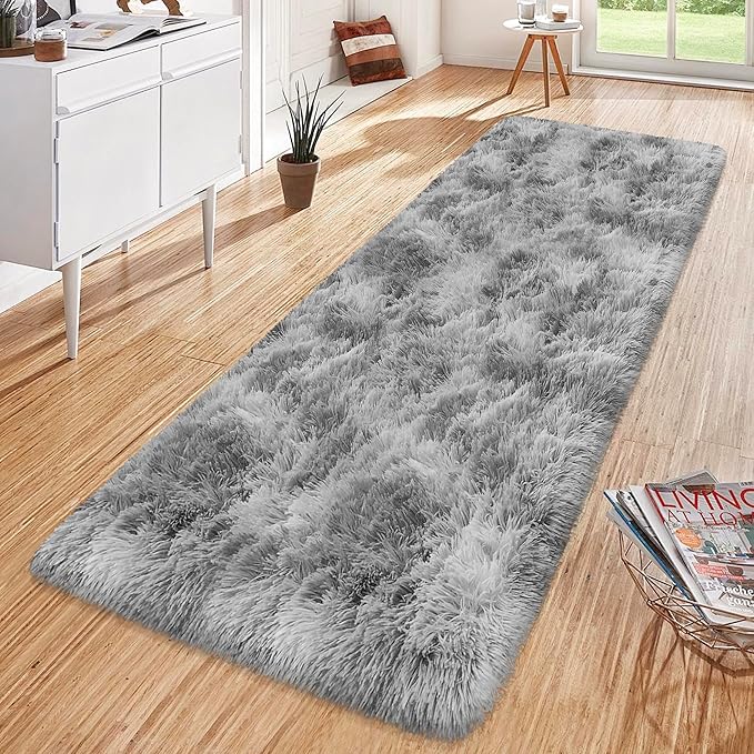 Super Soft Fluffy Living Room Area Rug 2x6 ft Tie-Dyed Light Grey Shaggy Furry - Image 4
