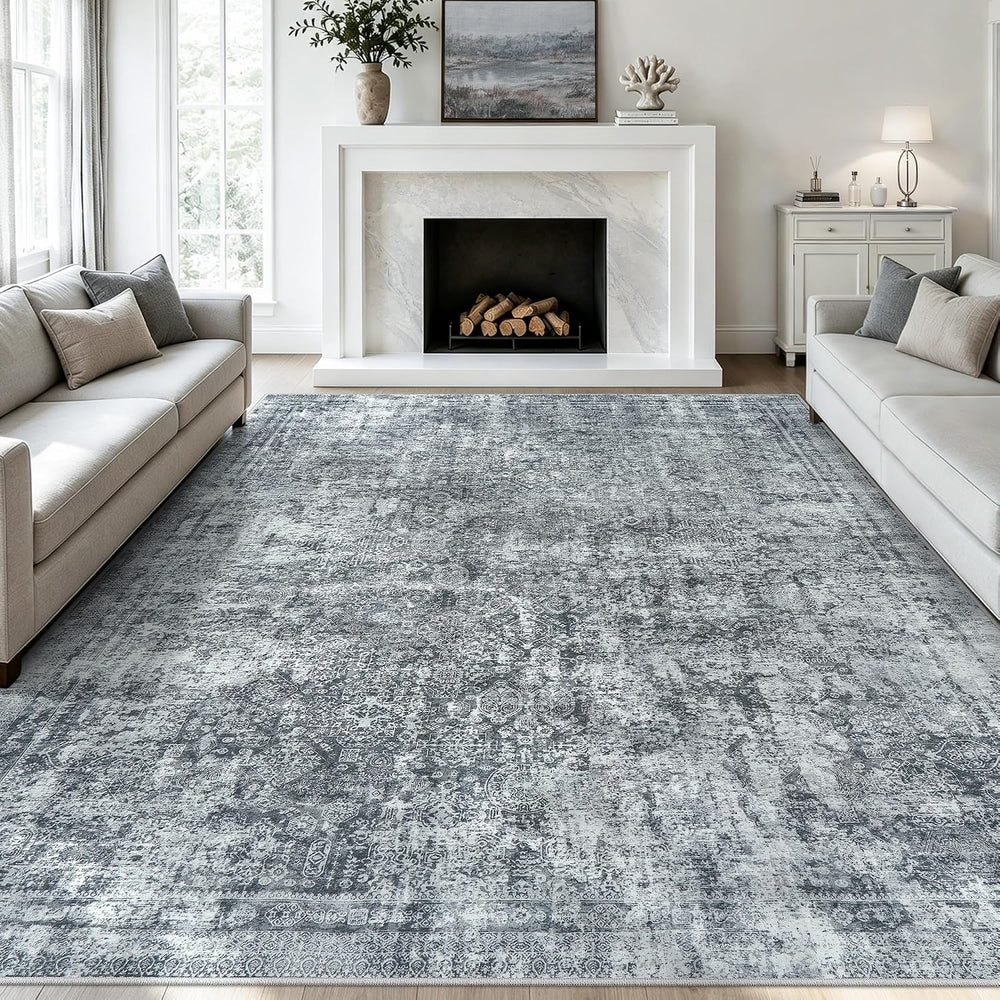 8x10 Area Rugs Washable for Living Room: Black Grey Abstract Large Carpet