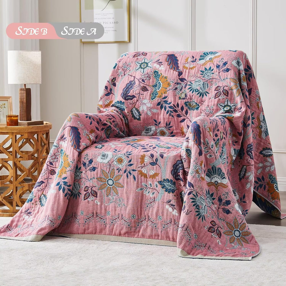 Boho Blanket Soft Muslin BohoThrow Blanket, 100% Cotton Floral Printed Farmho...