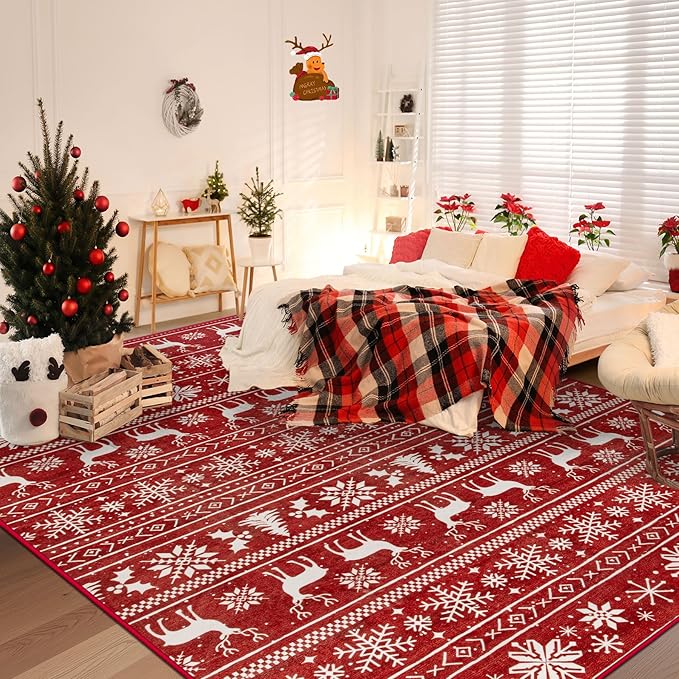 Christmas Rug 8x10 Washable Rugs, Boho Christmas Tree Snowflake Rug Non-Slip - Image 2