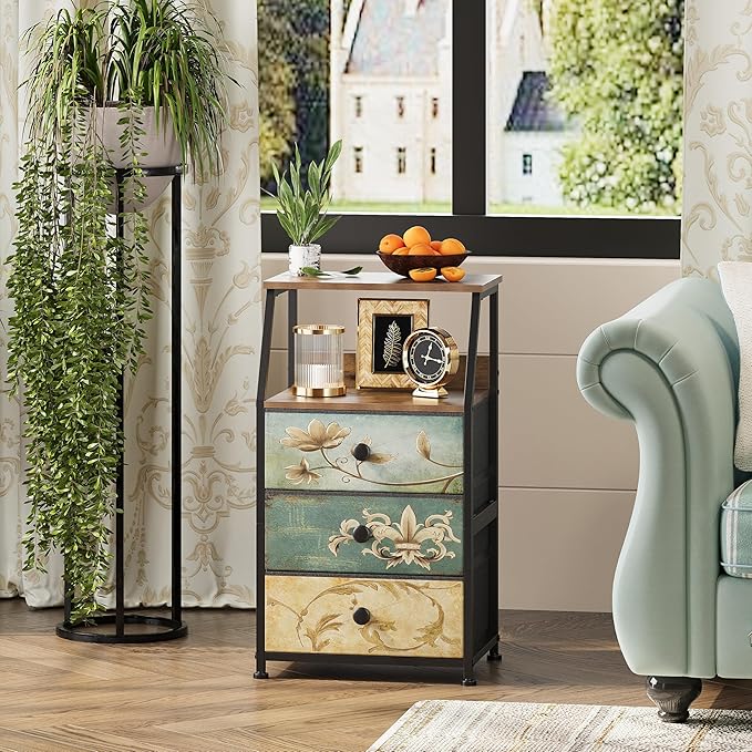 Tohomeor Dresser with Fabric Drawers Nightstand with 2 Tier Shelf Storage Tow...
