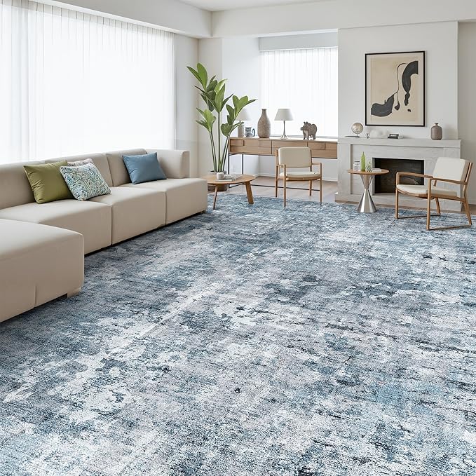 12x15 Washable Area Rug Blue/Grey Neutral Abstract Living Room Large Carpet Non - Image 3