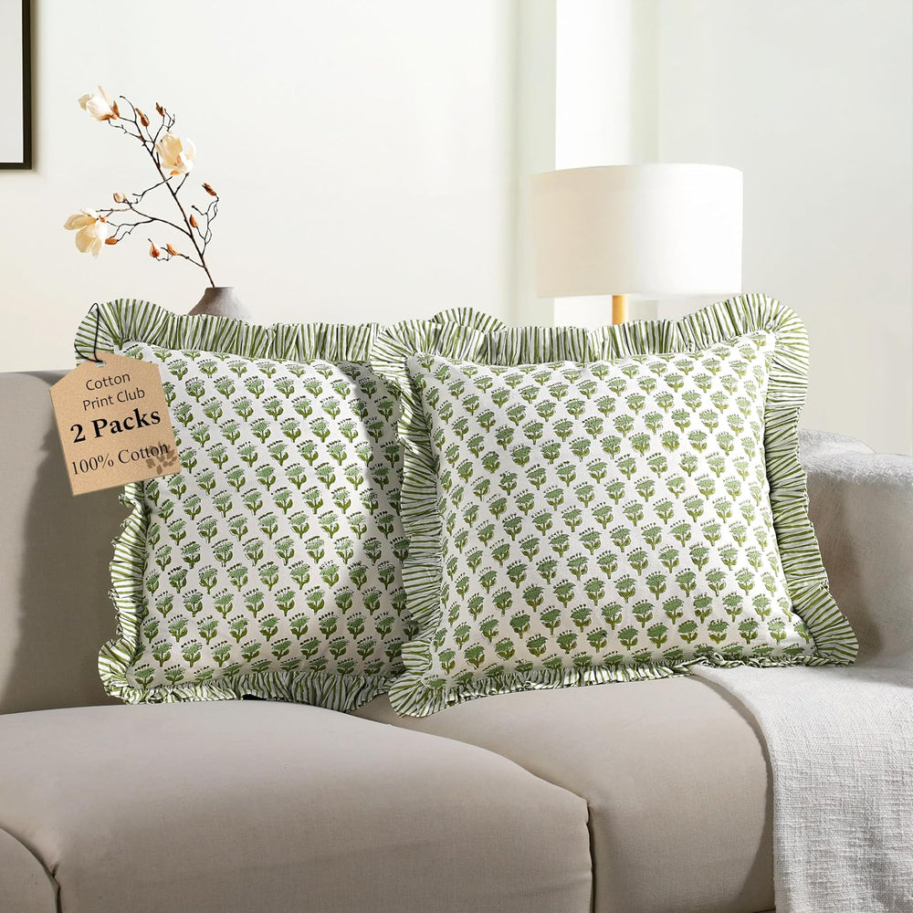 CPC Emerald Green Block Print Ruffle Pillow Cover 24x24 Inch, Pack of 2