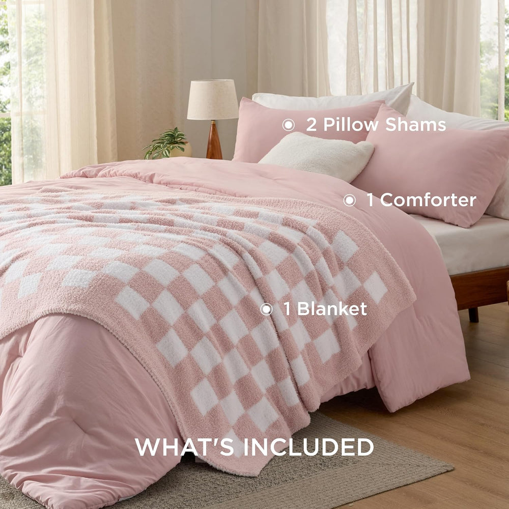 Bedsure Twin Comforter Set with Checkered Throw Blanket for Couch - 3 Pieces,...
