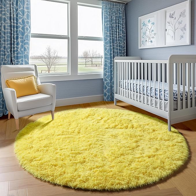 ONASAR Yellow Round Rugs 5ft for Bedroom Living Room, Fluffy Circle Area Rug - Image 7