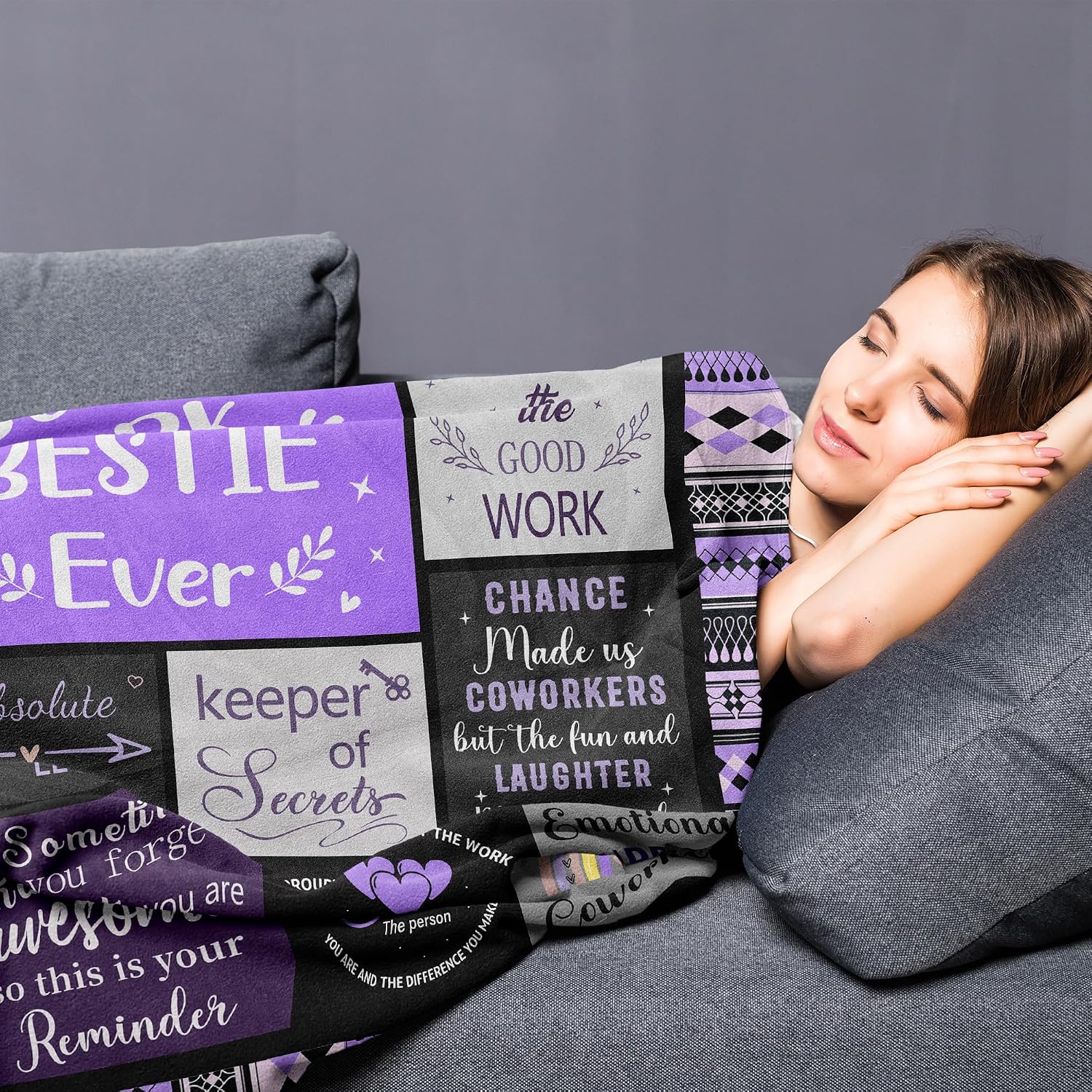 Work Besties Gifts for Women, Thank You/Appreciation Gifts for Coworkers Female, Work Friendship Birthday Gifts, Farewell Present Ideas for Colleague, Funny Work Bestie Purple Blanket 60”x50”
