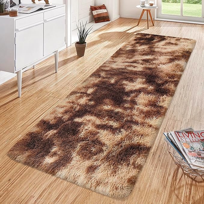 Super Soft Fluffy Living Room Area Rug 2x6 ft Tie-Dyed Brown Shaggy Furry - Image 3