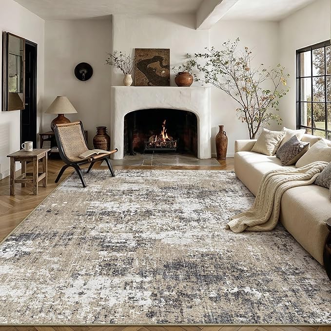 PureCozy 8x10 Abstract Area Rug Brown Washable Modern Neutral Living Room by PureCozy