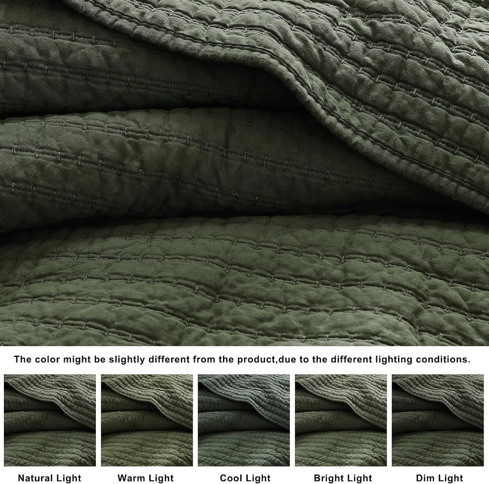 WDCOZY 100% Cotton King Size Quilt Set, Channel Pick Stitch, Olive Green
