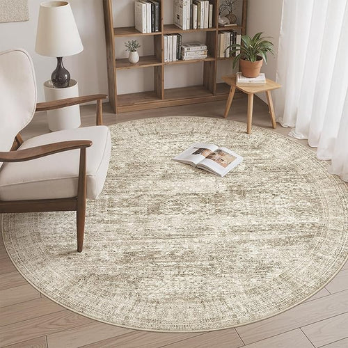 6x6 Brown Round Rug 6ft Living Room Circle Rug Vintage Round Area Rug Non Slip by Soalmost