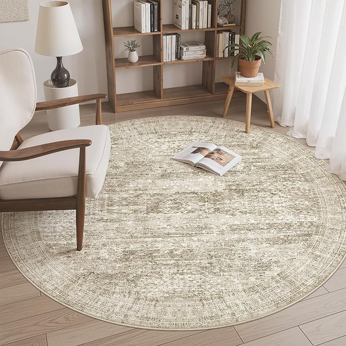 Soalmost 5x5 Brown Round Rug 5ft Living Room Circle Rug Vintage Round Area Rug - Image 2