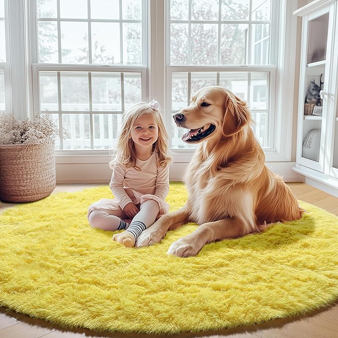 ONASAR Yellow Round Rugs 5ft for Bedroom Living Room, Fluffy Circle Area Rug - Image 4