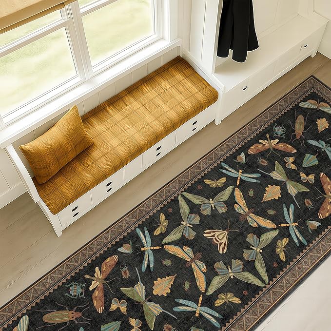 Black Insect 2'6"x10' Washable Extra Long Runner Rugs by HazoHaus