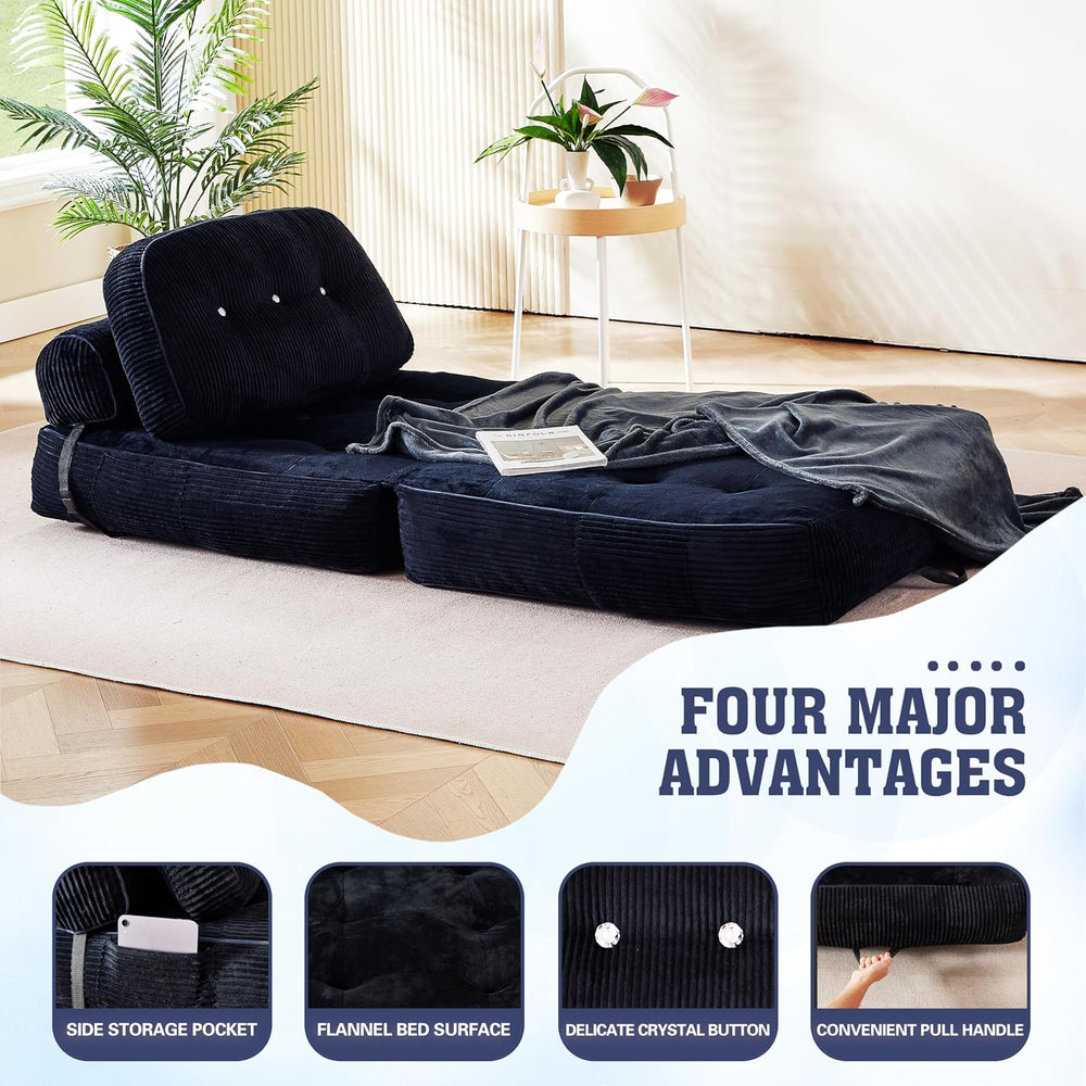 Folding Sofa Bed, Flannel Futon Couch Bed with Pillow and Blanket, Convertibl...