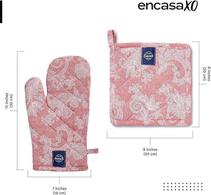 Encasa XO Heat Resistant 100% Cotton Oven Glove & Potholder Set - Image 2