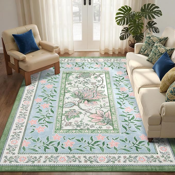GarveeHome Blue Green Pink Washable 5x7 Area Rugs, Botanical Grove Vintage by GarveeHome