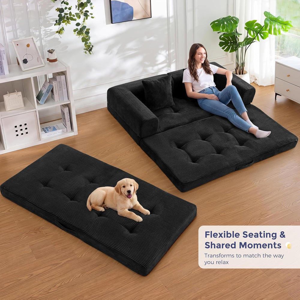 MAXYOYO 63" Convertible Sofa Bed, Boneless Futon Couch Floor Sofa, Black