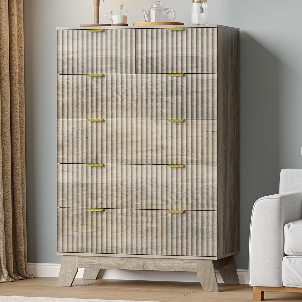Grey Dresser for Bedroom with 6 Drawer, 46" Tall Fluted Wooden Dresser S...