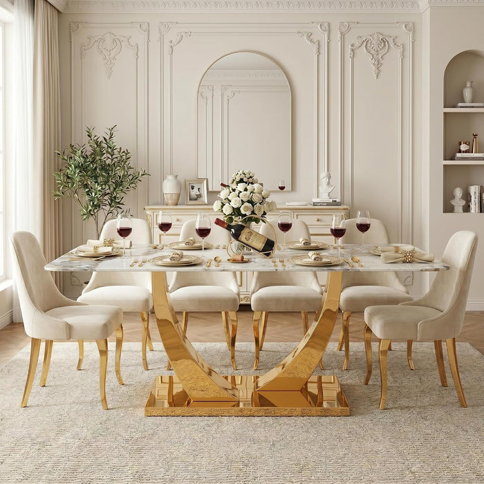 Faux Marble Dining Table, 71" Modern Dining Table, White, for 6-8