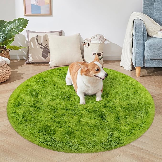4x4 ft Tie Dye Green Round Rug for Bedroom Room Fluffy Circle Rug Furry Carpet - Image 5