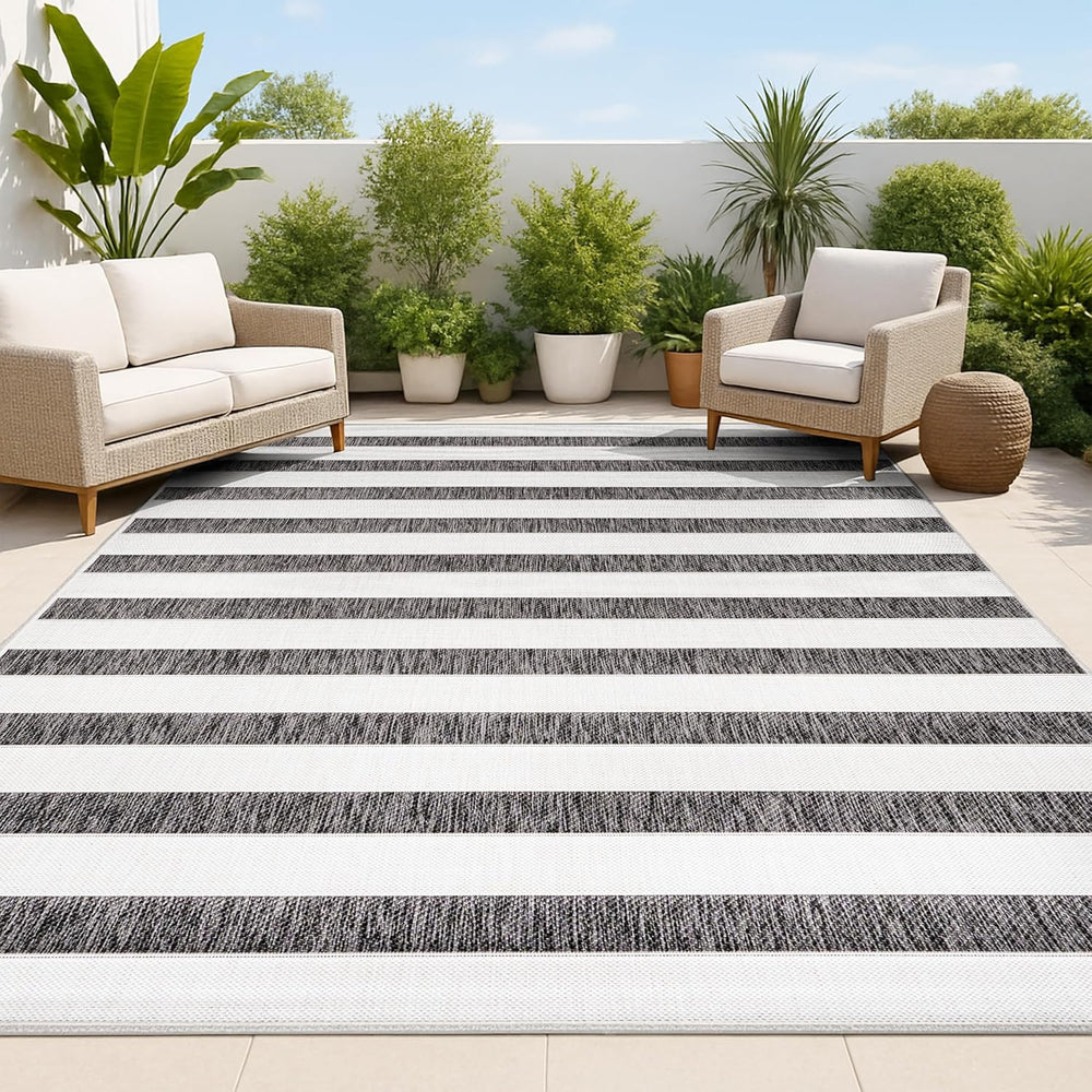 JONATHAN Y Wide Stripe Indoor Outdoor Area Rug 8X10 Black/Cream, Aveiro for B...