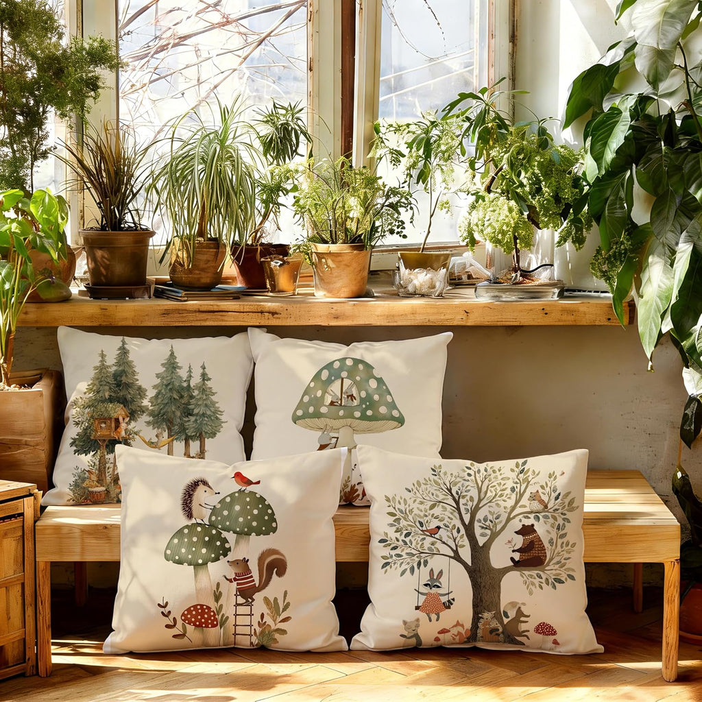 Whimsical Forest Animal Kids Pillow Cover 18x18 Double-Sided Set of 4, Boho Cottagecore Tree Mushroom Throw Pillow Cover Case for Nursery Kids Bedroom Playroom