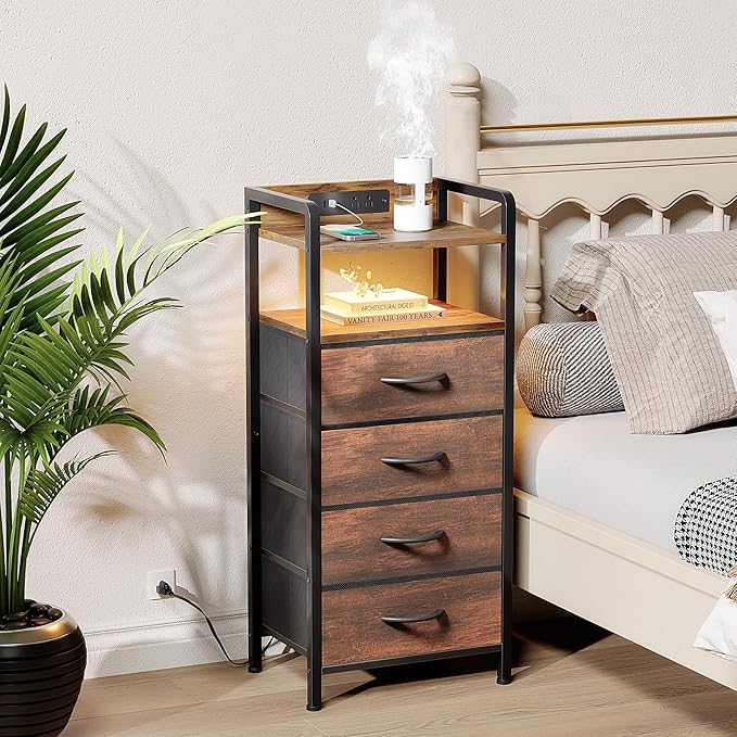 Night Stand Bedside Table Bedroom - Tall Nightstand with Charging Station &am...