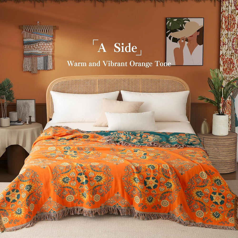 Phuryllic Boho Throw Blanket Twin Size, Soft Cozy Cotton Muslin Quilt Blanket...
