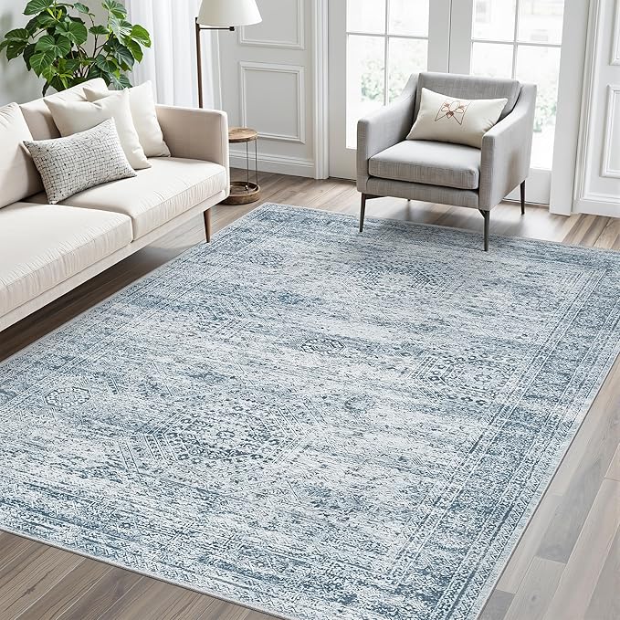 5x7 Area Rugs Blue Low Pile Indoor Washable Trendy Faded Style Rugs - Image 9