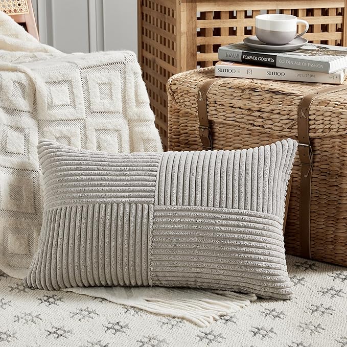 Fancy Homi 2 Packs Neutral Grey Long Lumbar Decorative Throw Pillow Covers - Image 2